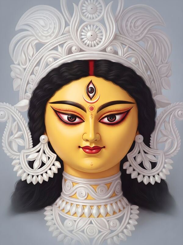 Maa Durga Face with White Shola Crown on Grey – Ultra HD God Photo
