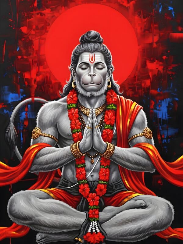 Lord Hanuman in Prayer with Red Sun – Ultra HD God Photo