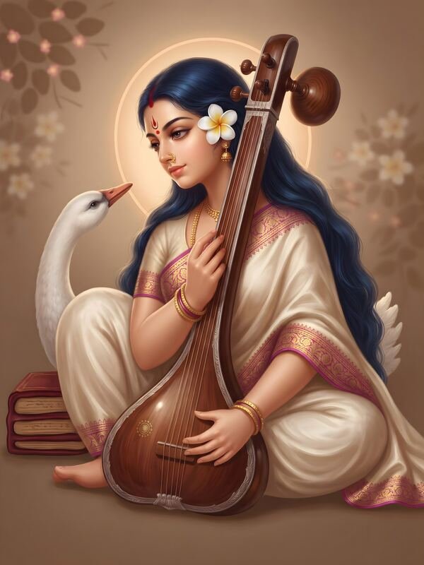 Maa Saraswati with Veena and Swan on Beige – Ultra HD God Photo