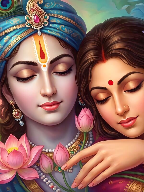 Radha Krishna with Blue Lotus Flowers – Ultra HD God Photo (Landscape)
