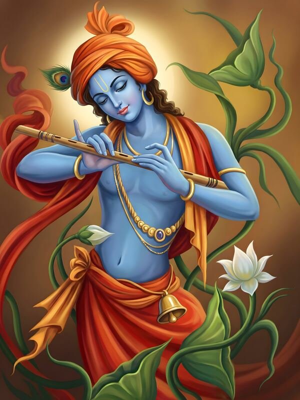 Krishna Playing Flute with Orange Turban – Ultra HD God Photo
