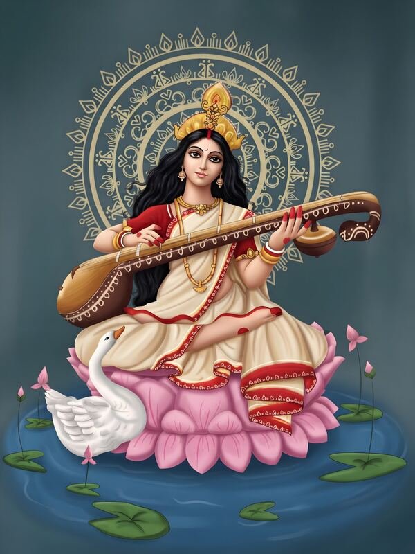 Maa Saraswati on Lotus with Swan and Mandala – Ultra HD God Photo