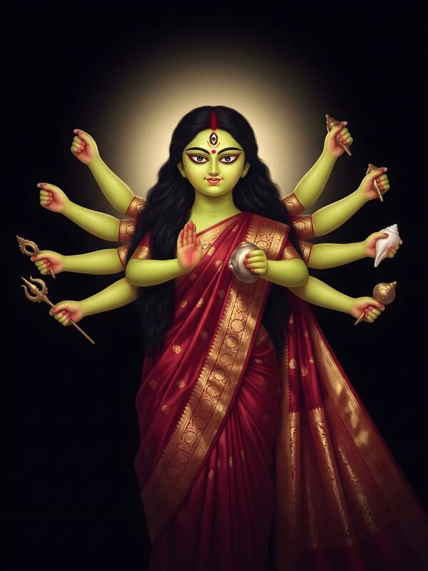 Maa Durga with Ten Arms in Red Saree – Ultra HD God Photo