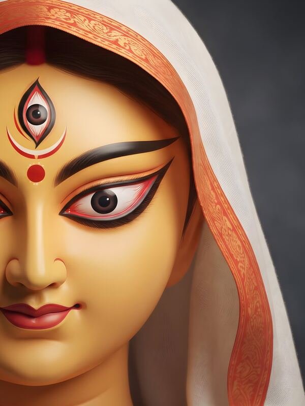 Maa Durga Face with White Saree Veil – Ultra HD God Photo (Landscape)
