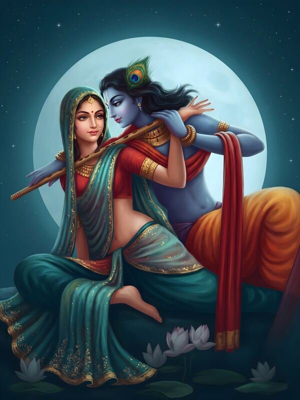 Krishna Playing Flute for Radha Under the Moon – Ultra HD God Photo