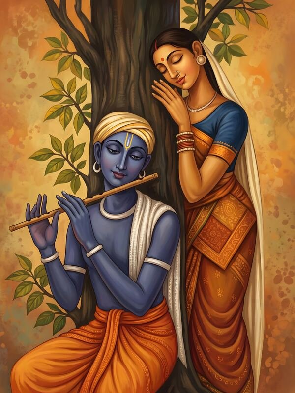 Krishna Playing Flute with Radha by the Tree – Ultra HD God Photo