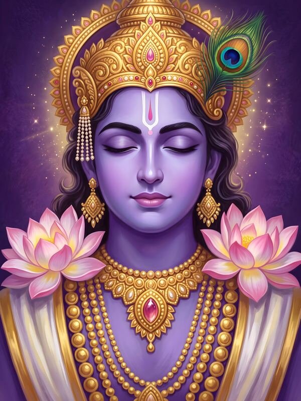 Krishna with Purple Face and Lotus Crown – Ultra HD God Photo