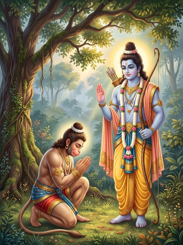 Hanuman Bowing Before Lord Ram in Forest – Ultra HD God Photo