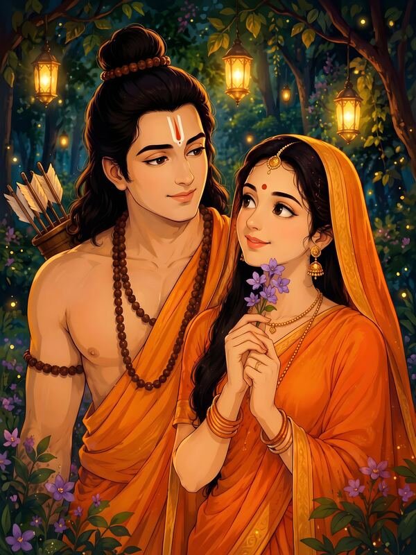 Lord Ram and Sita in the Forest with Lanterns – Ultra HD God Photo