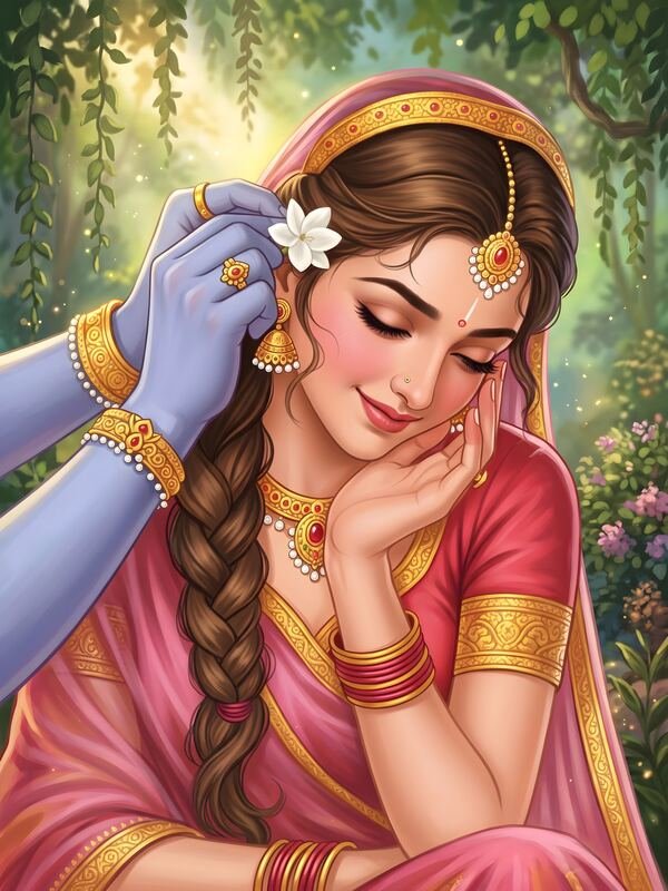 Krishna Placing Flower in Radha's Hair – Ultra HD God Photo