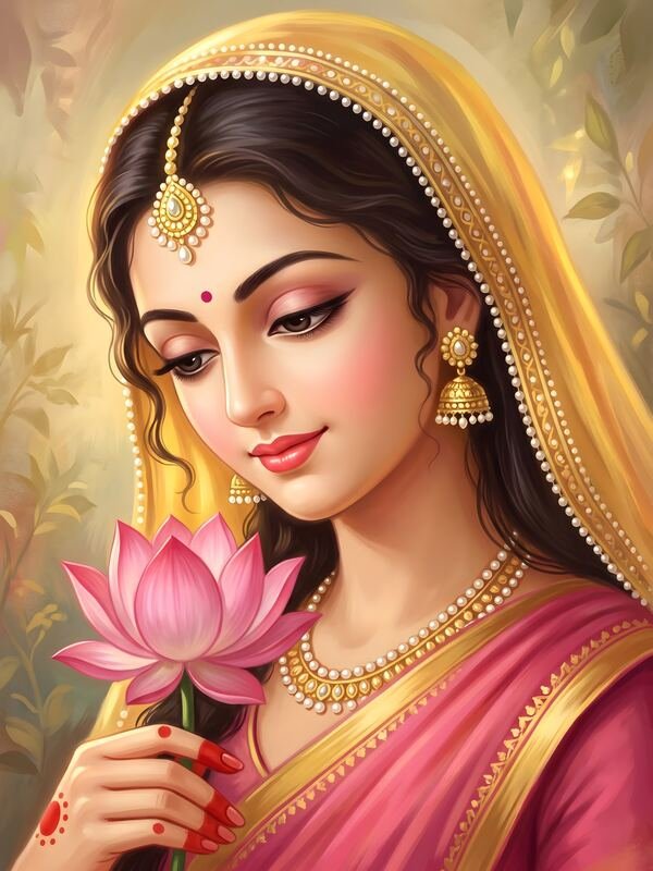 Radha Holding Lotus in Yellow Dupatta – Ultra HD God Photo