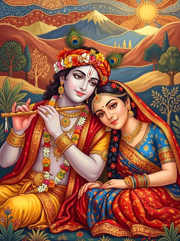 Radha Krishna in Folk Art Landscape – Ultra HD God Photo