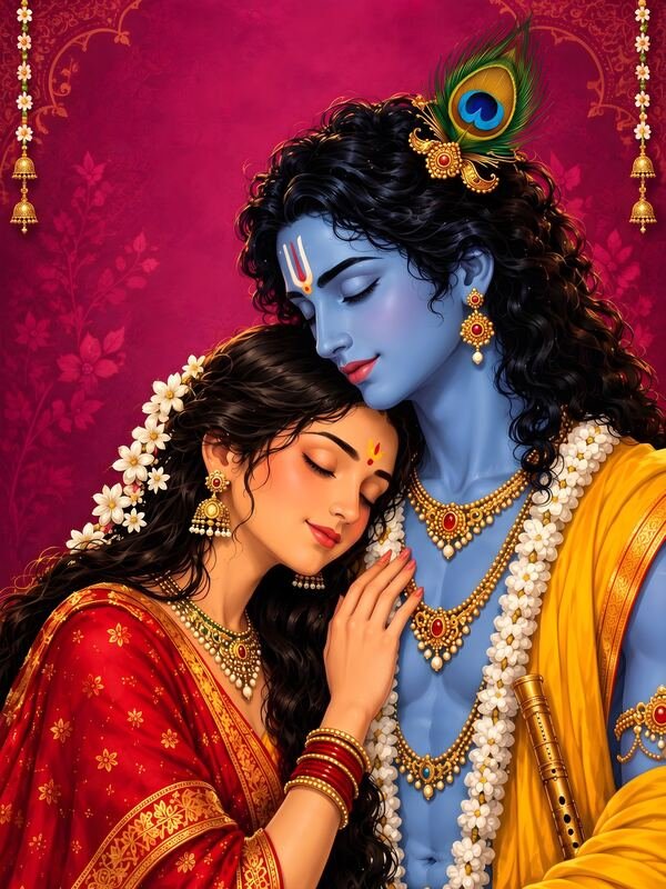 Radha Krishna Embrace on Pink Background – Ultra HD God Photo