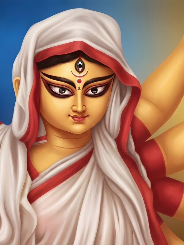 Maa Durga Many Arms in White Saree Wide – Ultra HD God Photo (Landscape)