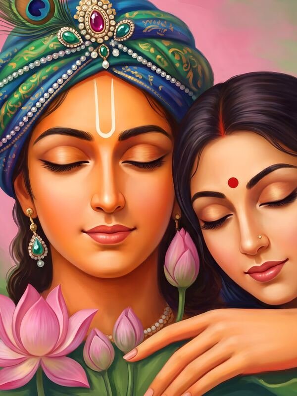 Radha Krishna with Green Turban and Lotus – Ultra HD God Photo (Landscape)